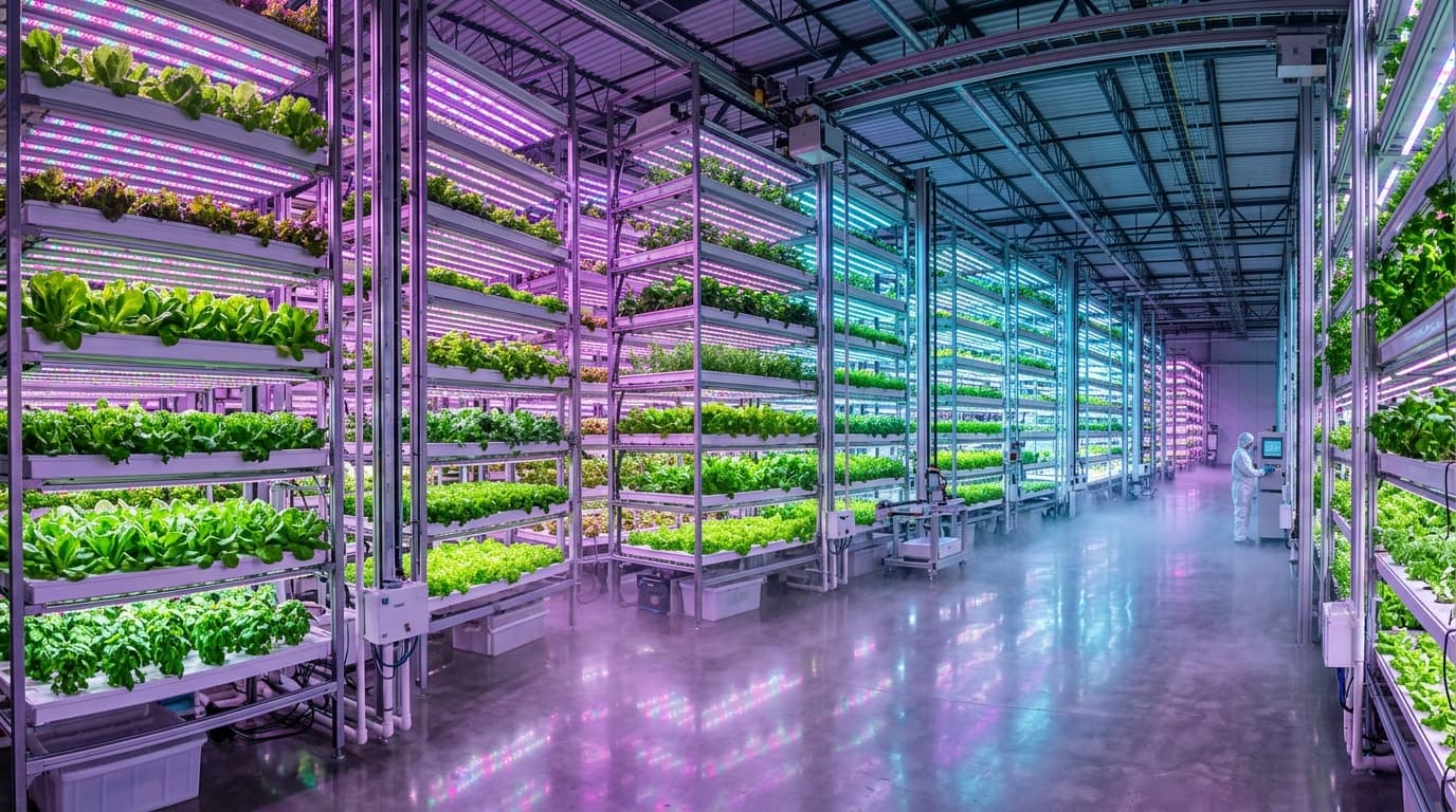 Panoramic view of automated commercial vertical hydroponics facility