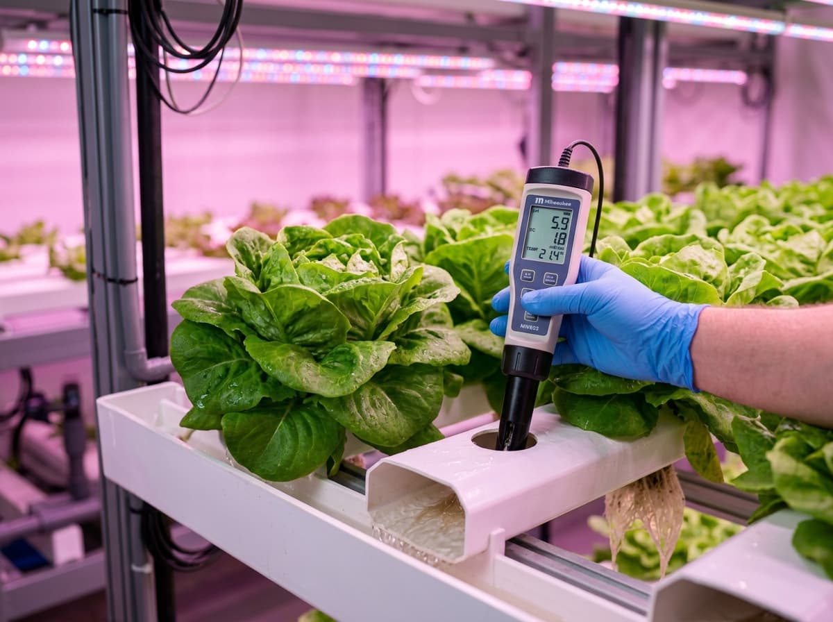 Agronomist measuring pH and EC nutrient levels in hydroponic lettuce channel